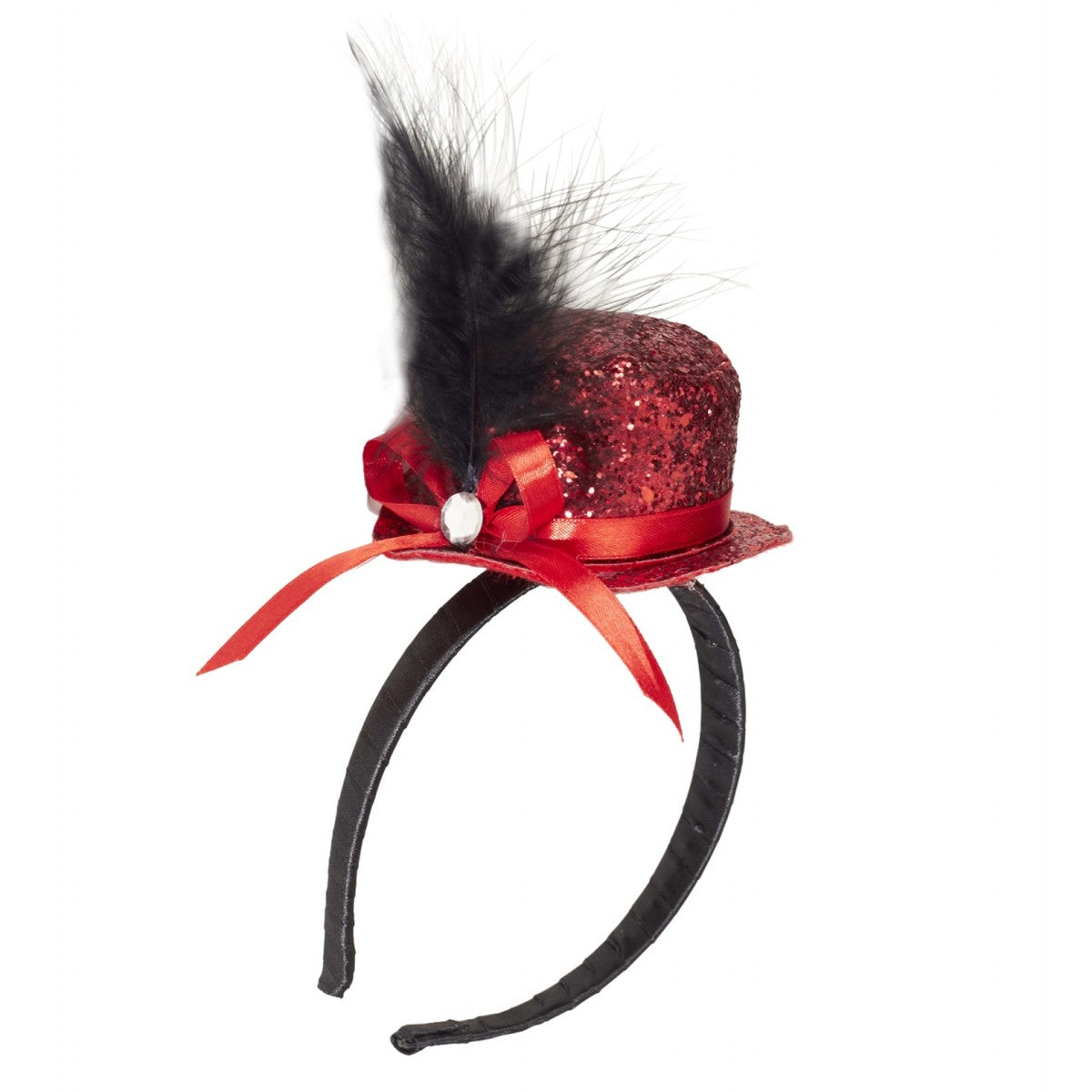 Mini Cilindro Glitter Con Piume E Gemma - Rosso