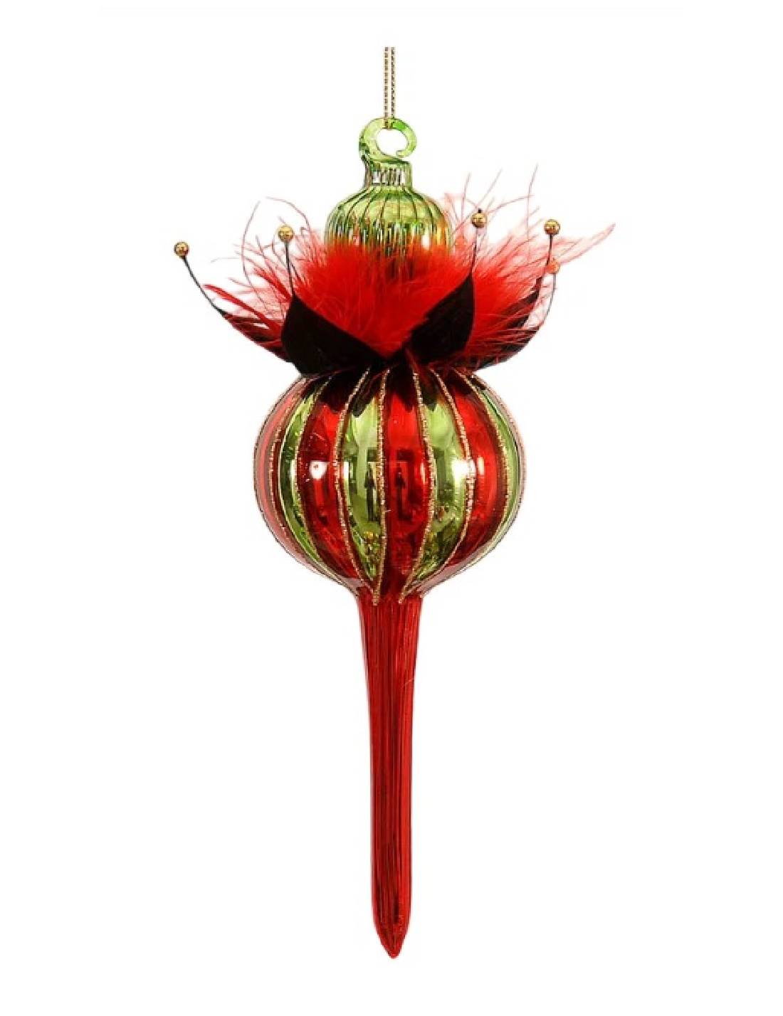 Pallina Albero Di Natale In Vetro Allungata Rossa E Verde Con Piume 21cm