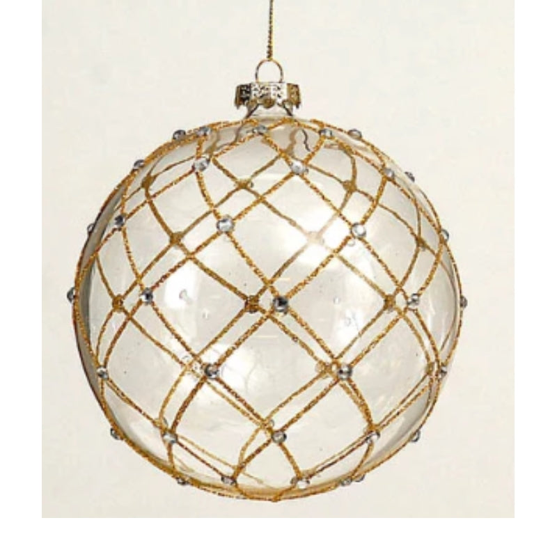 Pallina Albero Di Natale In Vetro Trasparente Con Ornamenti Oro 10cm