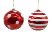 Pallina Albero Di Natale In Vetro Rossa Strisce O Pois 12cm Prodotto Assortito