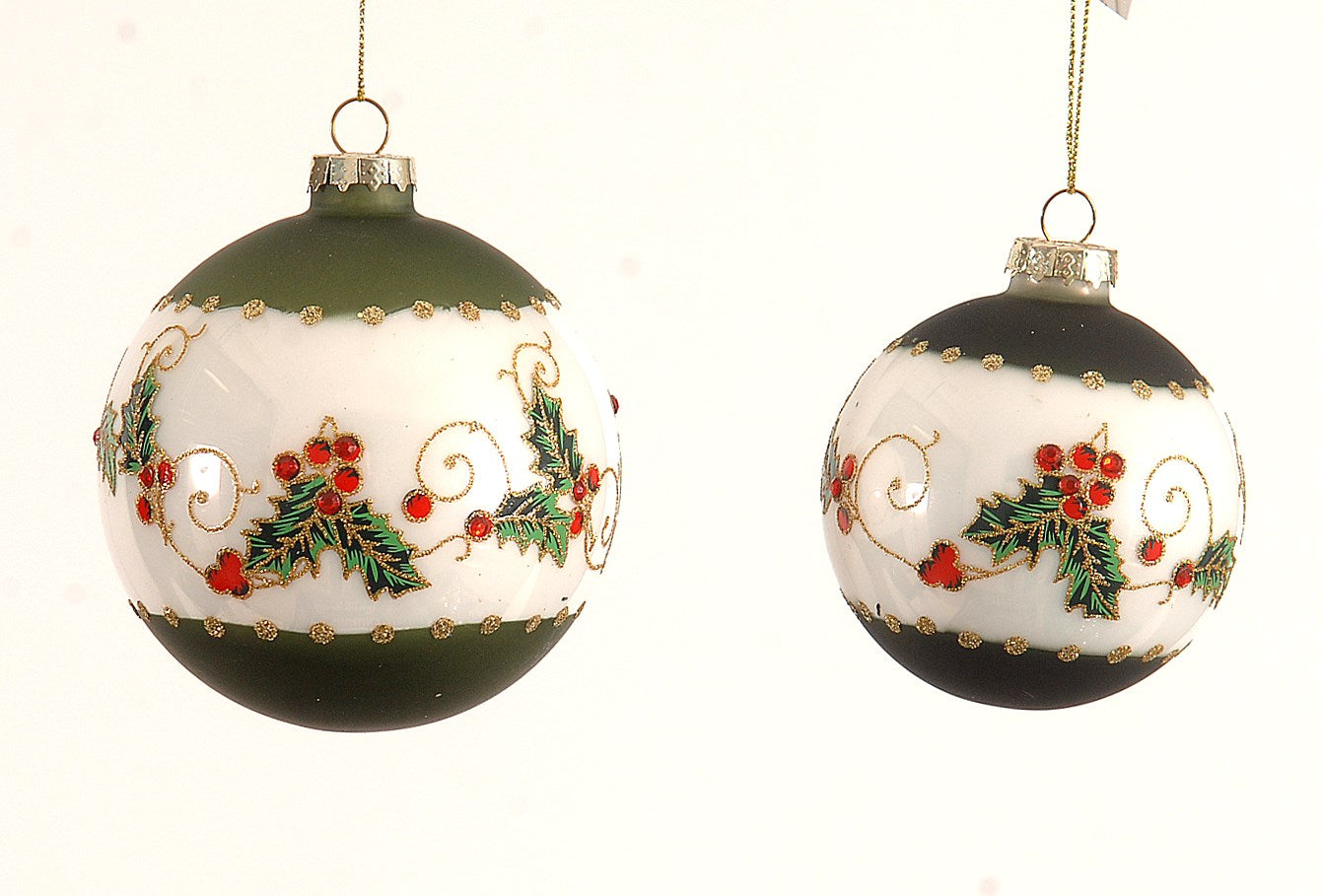Pallina Albero Di Natale In Vetro Verde E Fascia Bianca 10cm