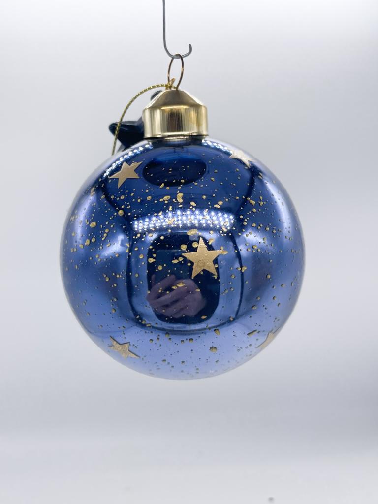 Pallina Albero Di Natale In Vetro Blu Con Stelle Oro In Rilievo 8cm