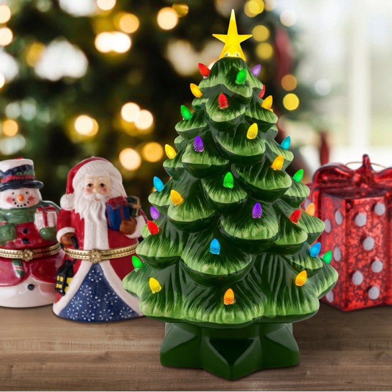 Addobbo Natale Albero In Ceramica Verde Luminoso 35x22cm