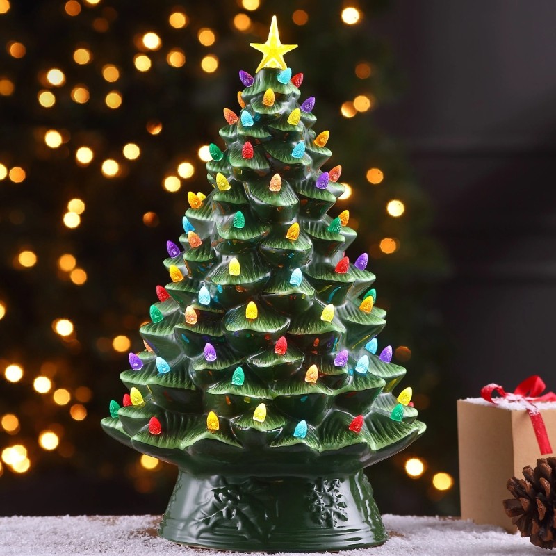 Addobbo Natale Albero In Ceramica Verde Luminoso 25x46cm