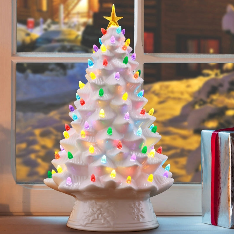 Addobbo Natale Albero In Ceramica Bianca Luminoso 25x46cm