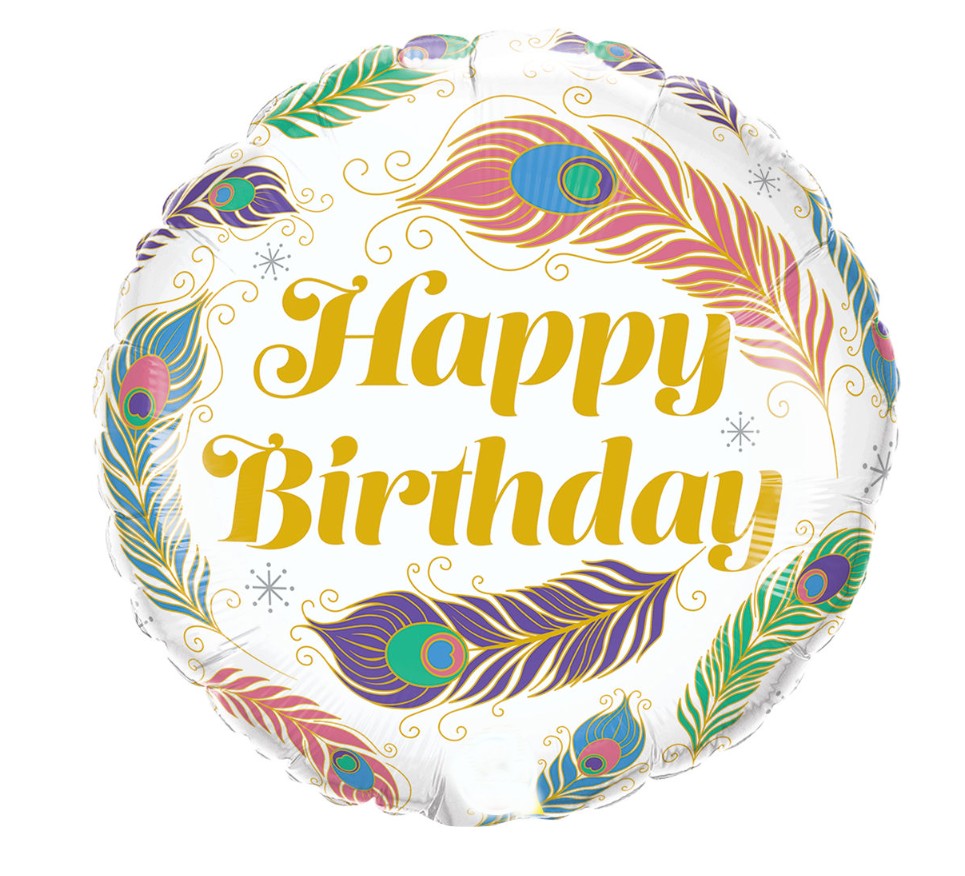 Palloncino Metalfoil Happy Birthday Piume Pavone 18" 46cm