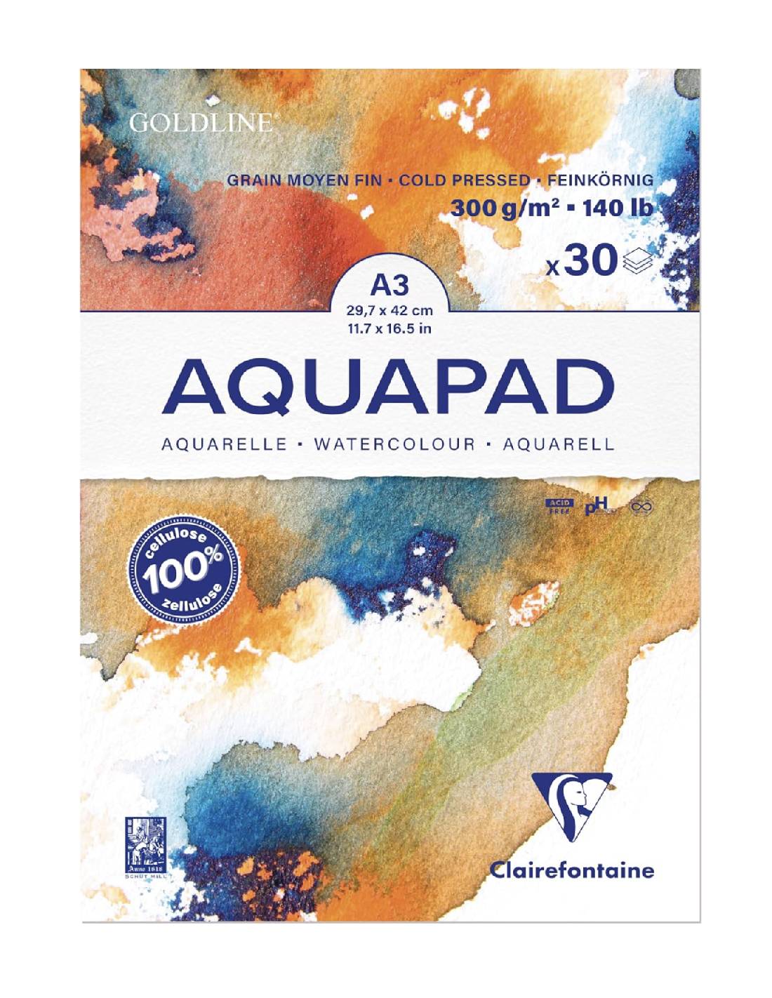 Blocco Collato Goldline Aquapad Carta Acquerello 30fg A3 300gr