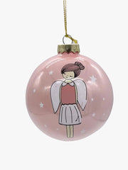 Pallina Albero Di Natale In Vetro Rosa Con Angelo 8cm