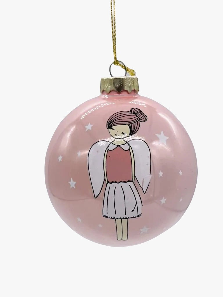 Pallina Albero Di Natale In Vetro Rosa Con Angelo 8cm