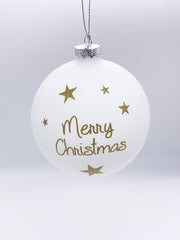 Pallina Albero Di Natale In Vetro Bianca Merry Christmas E Stelline 10cm