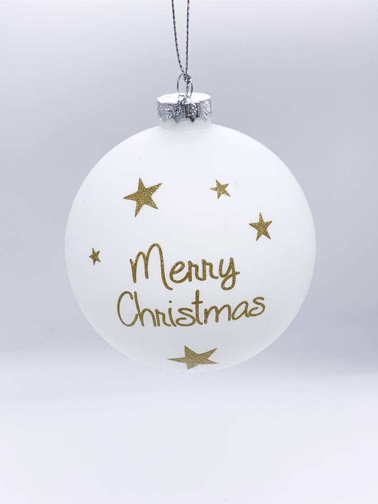 Pallina Albero Di Natale In Vetro Bianca Merry Christmas E Stelline 10cm