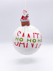 Pallina Albero Di Natale In Vetro Bianca Con Babbo Natale 8cm