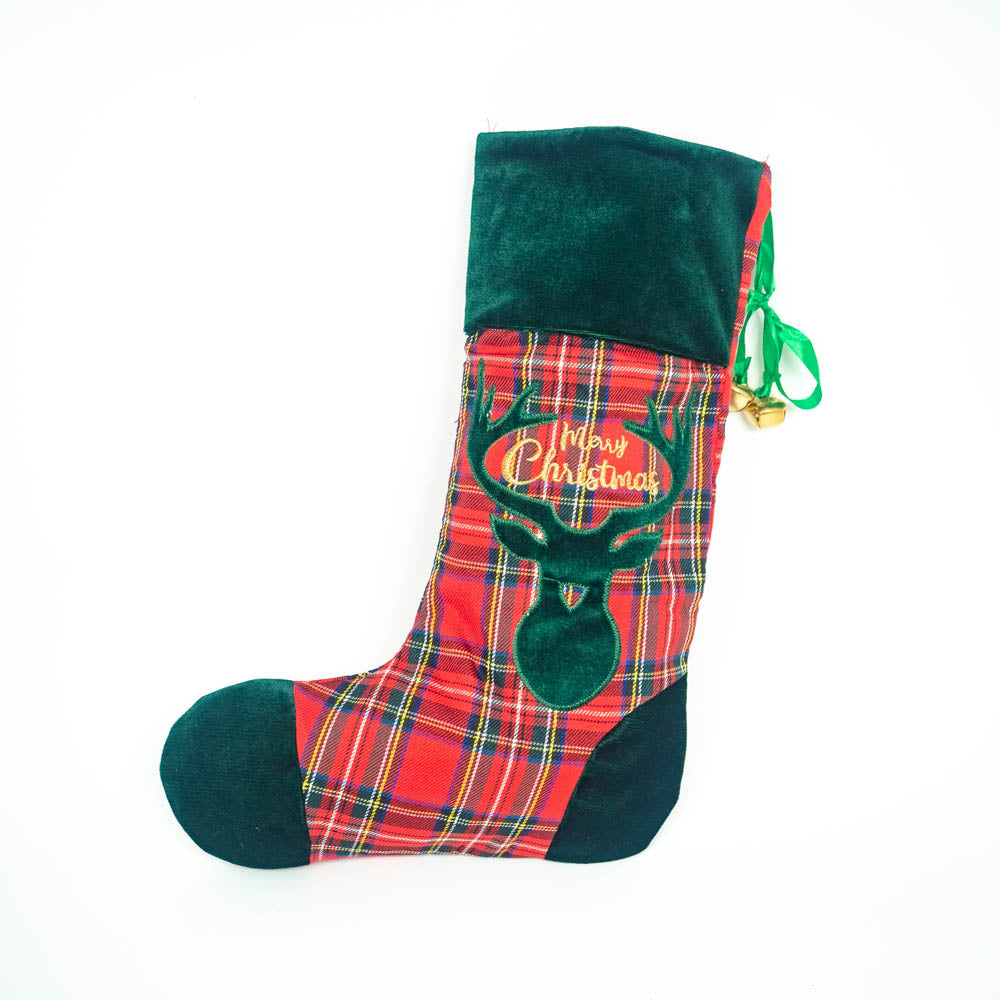 Calza Befana Epifania Tartan In Velluto Con Renna Merry Christmas 45cm