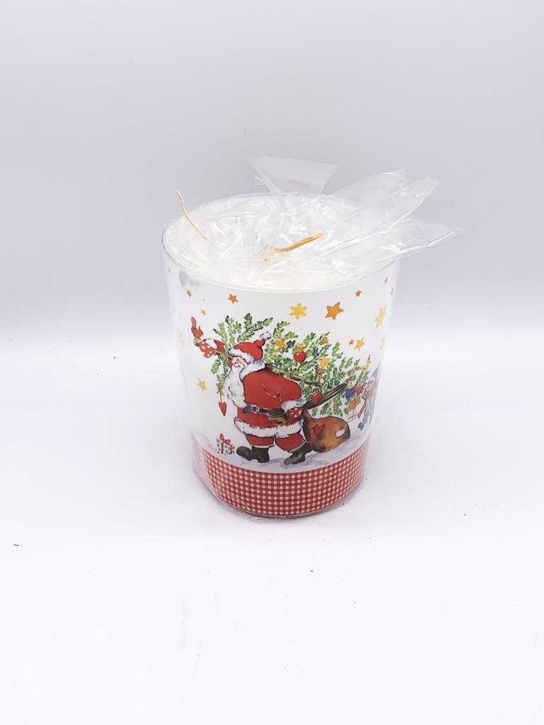 Candela Natalizia In Bicchiere Di Vetro Babbo Natale Con Doni 10cm