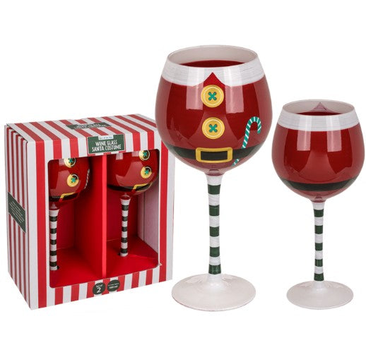 Box 2 Bicchieri Da Vino Con Fantasia Vestito Di Babbo Natale 480ml