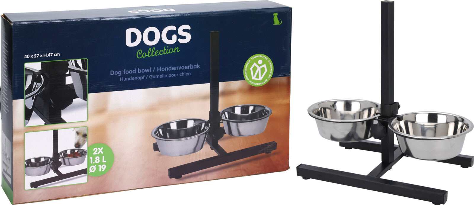 Set 2 Ciotole Cane In Acciaio Con Supporto Regolabile 1,8 Litri