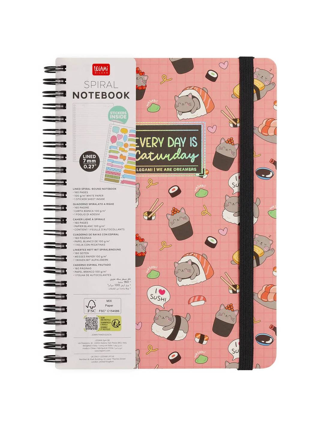 Quaderno Con Spirale A Righe Sushi Cat Legami A5