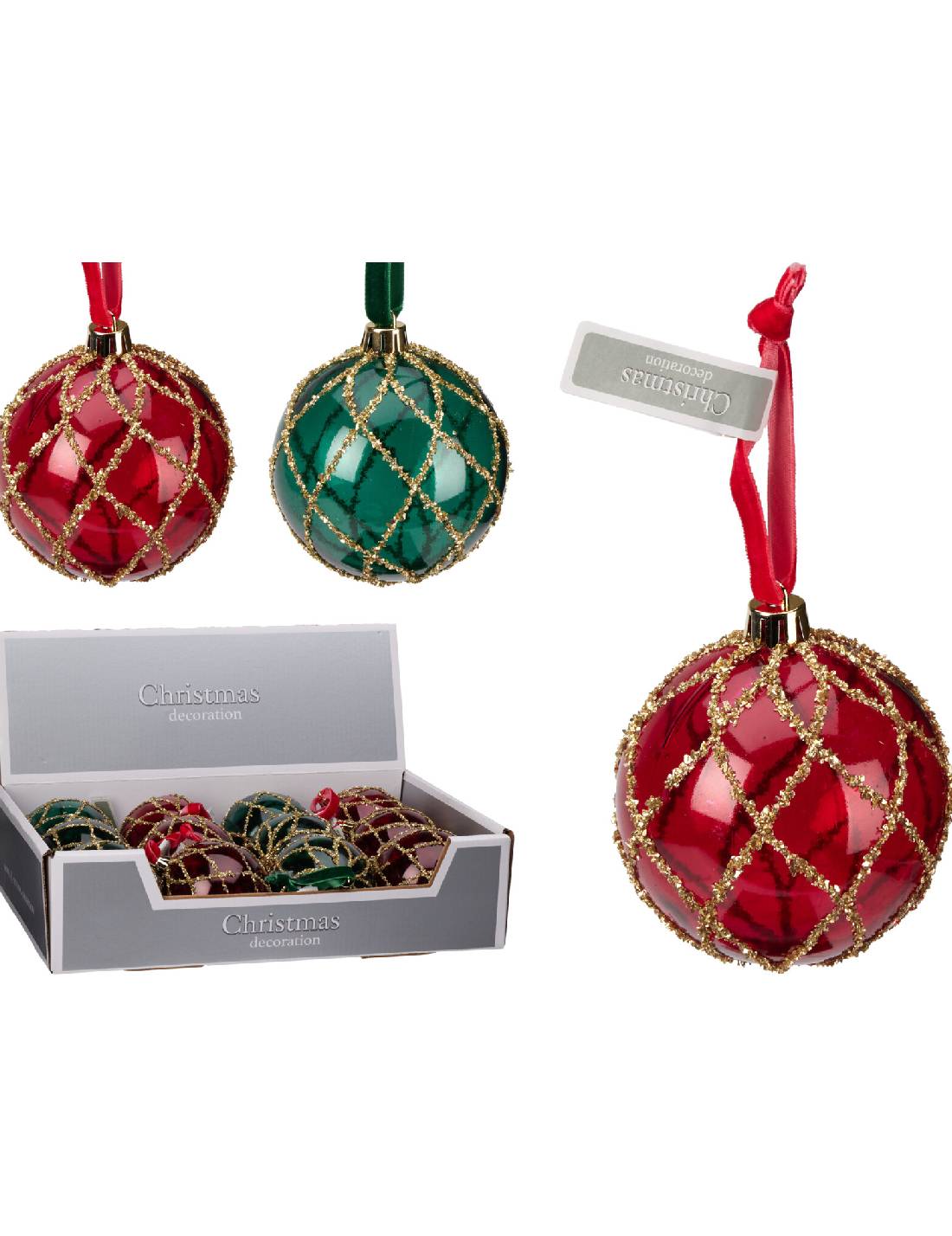 Pallina Albero Di Natale In Vetro Con Rete Dorata d8cm
