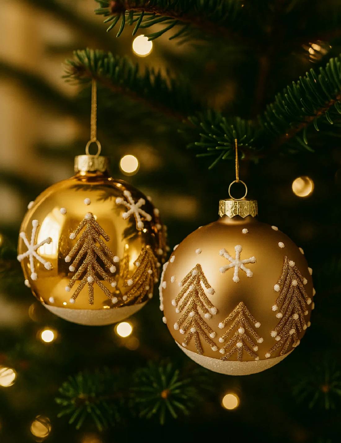 Pallina Albero Di Natale In Vetro Oro Con Alberi E Neve d8cm