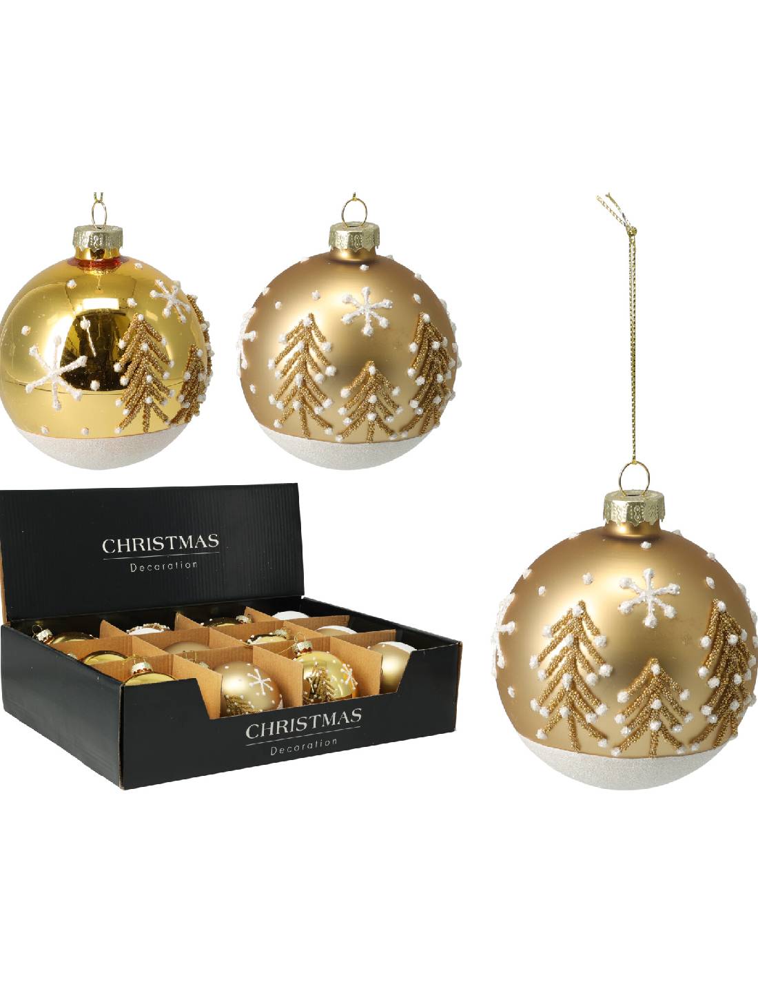 Pallina Albero Di Natale In Vetro Oro Con Alberi E Neve d8cm