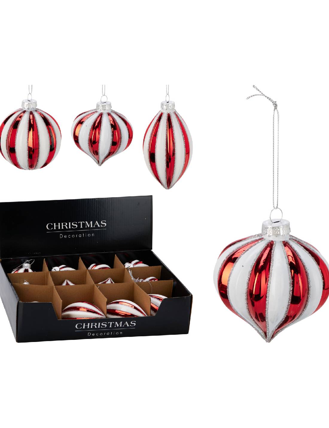 Addobbo Albero Di Natale In Vetro Rosso E Bianco 8cm