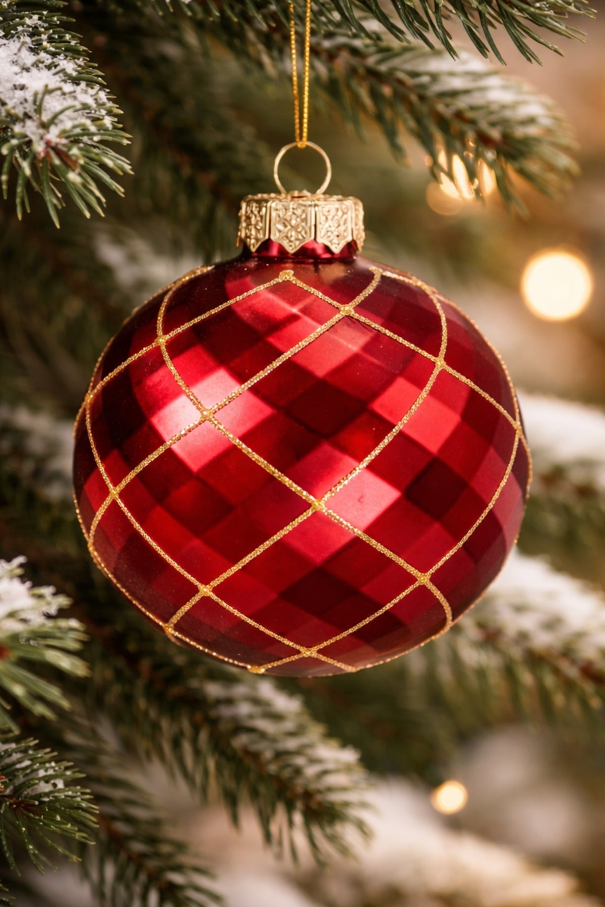 Pallina Albero Di Natale In Vetro Rosso Con Decori Oro d8cm
