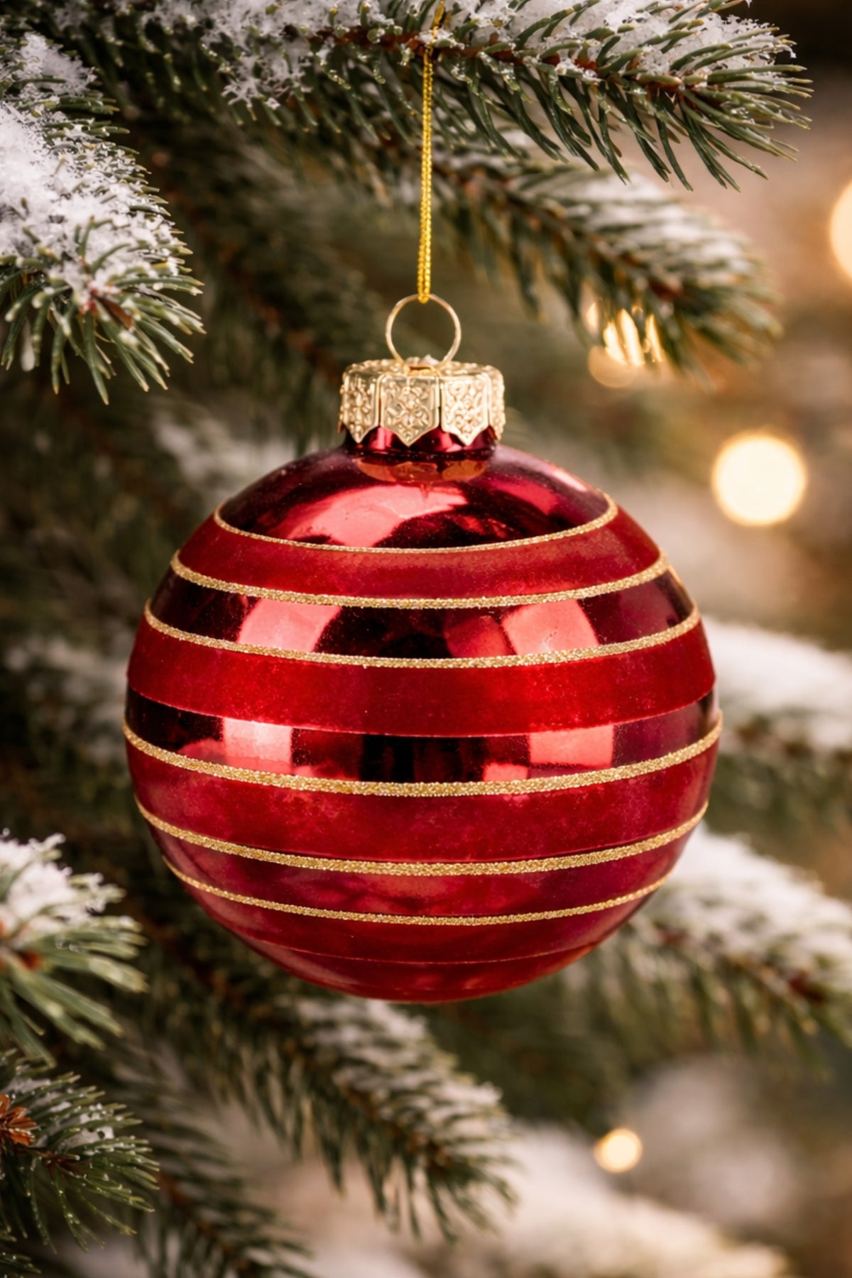 Pallina Albero Di Natale In Vetro Rosso Con Decori Oro d8cm