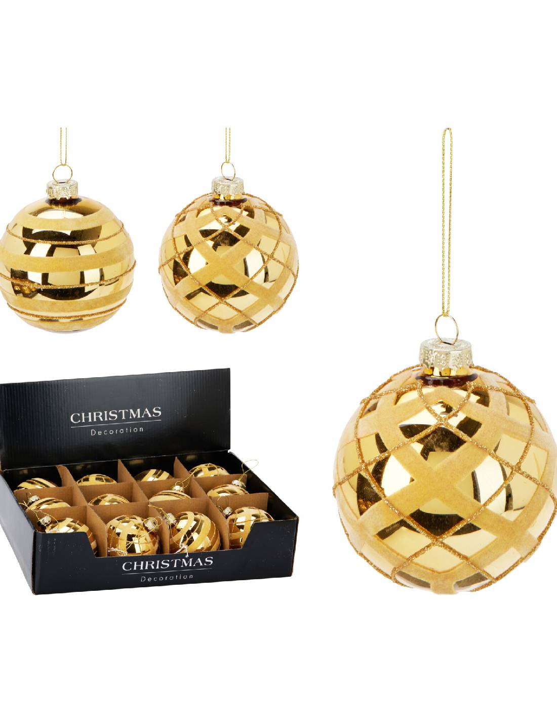 Pallina Albero Di Natale In Vetro Oro Lucido Con Glitter d8cm