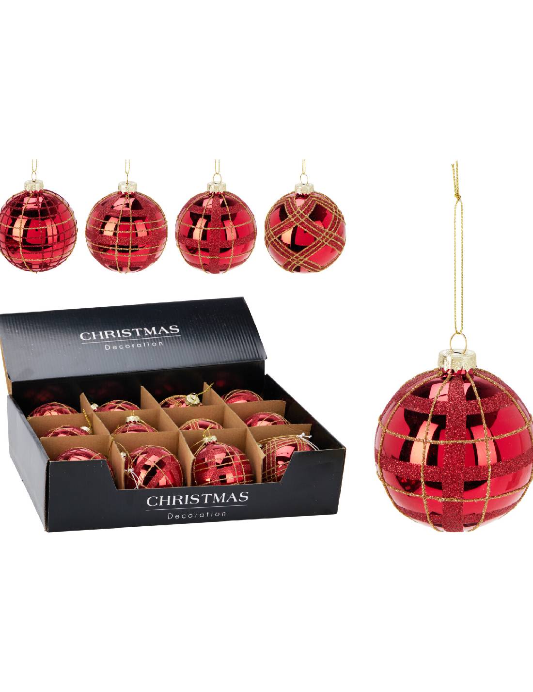 Pallina Albero Di Natale In Vetro Rosso Con Glitter Dorato d8cm