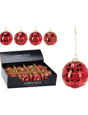 Pallina Albero Di Natale In Vetro Rosso Con Glitter Dorato d8cm