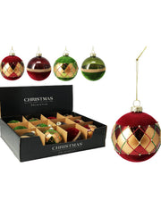 Pallina Albero Di Natale In Vetro Rosso E Verde Con Velluto E Glitter d8cm