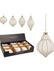 Pallina Albero Di Natale In Vetro Bianco Con Decori Oro d8cm