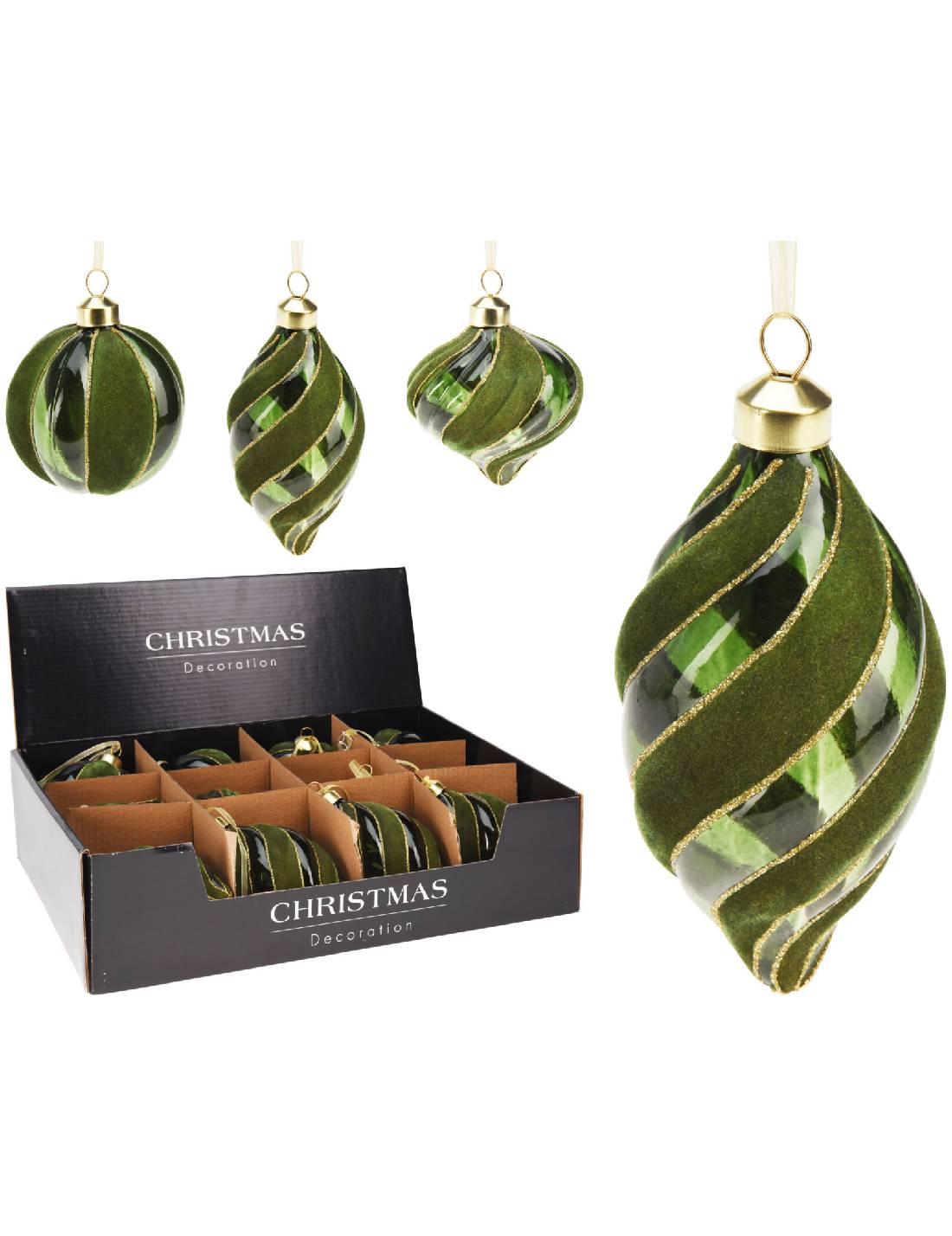 Addobbo Albero Di Natale In Vetro Verde Con Finitura Velluto d8cm