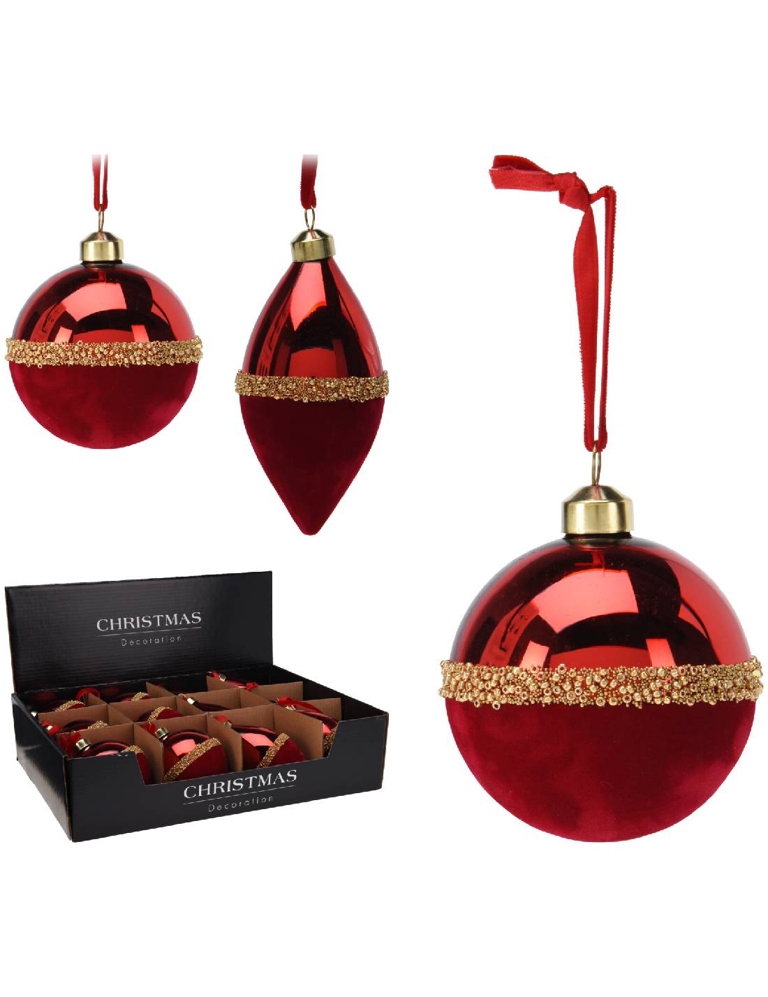 Addobbo Albero Di Natale In Vetro Rosso Con Finitura Velluto Oro d8cm