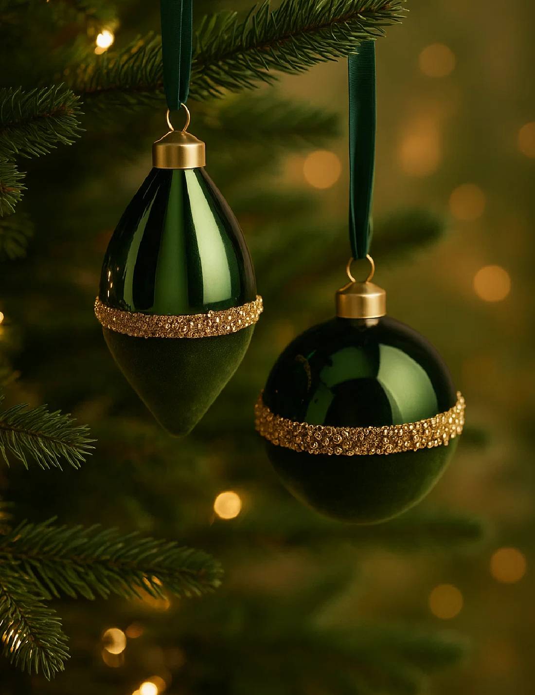 Pallina Albero Di Natale In Vetro Verde Con Finitura Velluto E Fascia Dorata d8cm