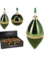 Pallina Albero Di Natale In Vetro Verde Con Finitura Velluto E Fascia Dorata d8cm
