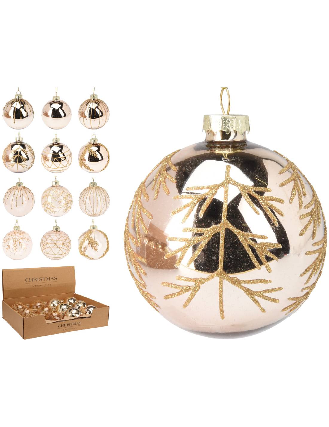 Pallina Albero Di Natale In Vetro Rosa Gold Con Glitter d8cm