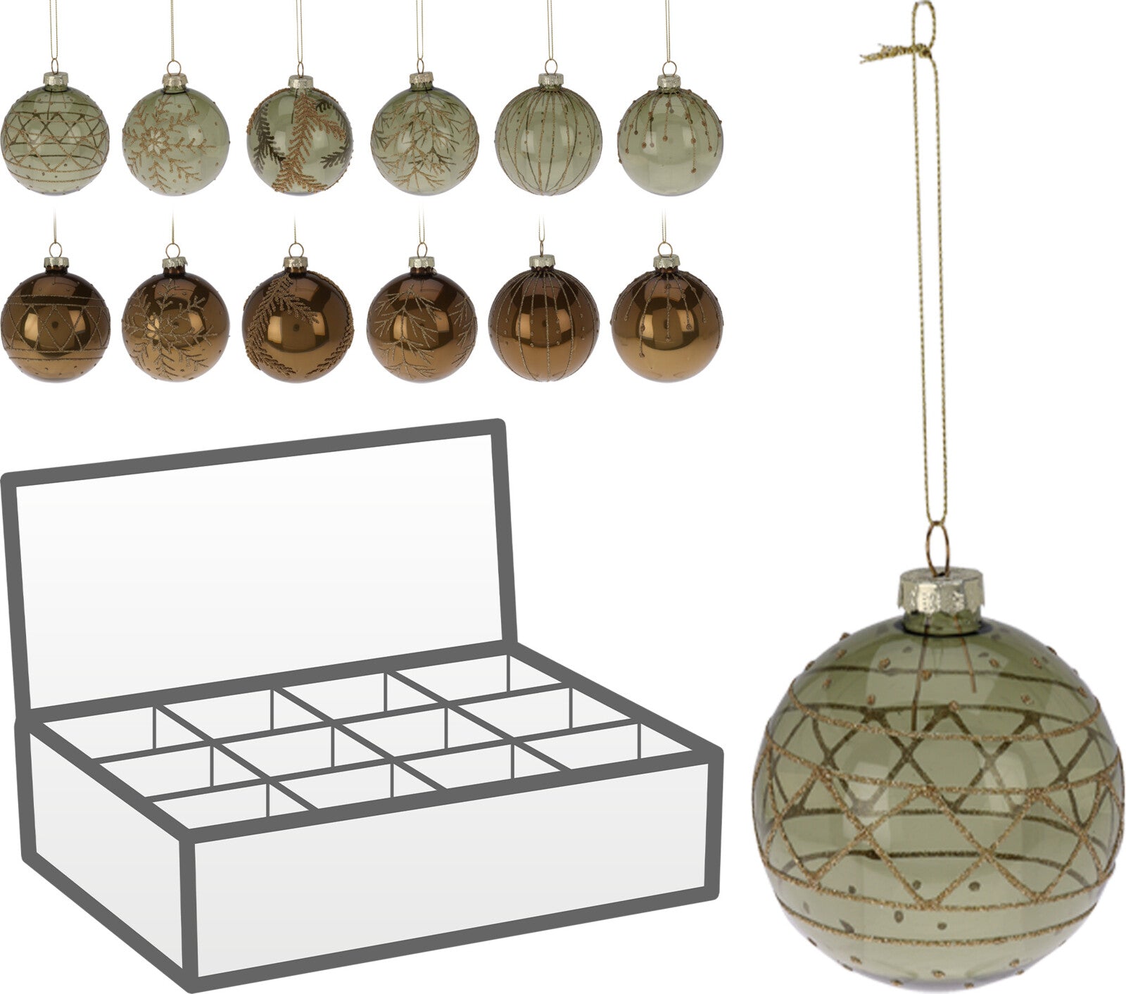 Pallina Albero Di Natale In Vetro Glitterata Verde Salvia E Bronzo d8cm Prodotto Assortito