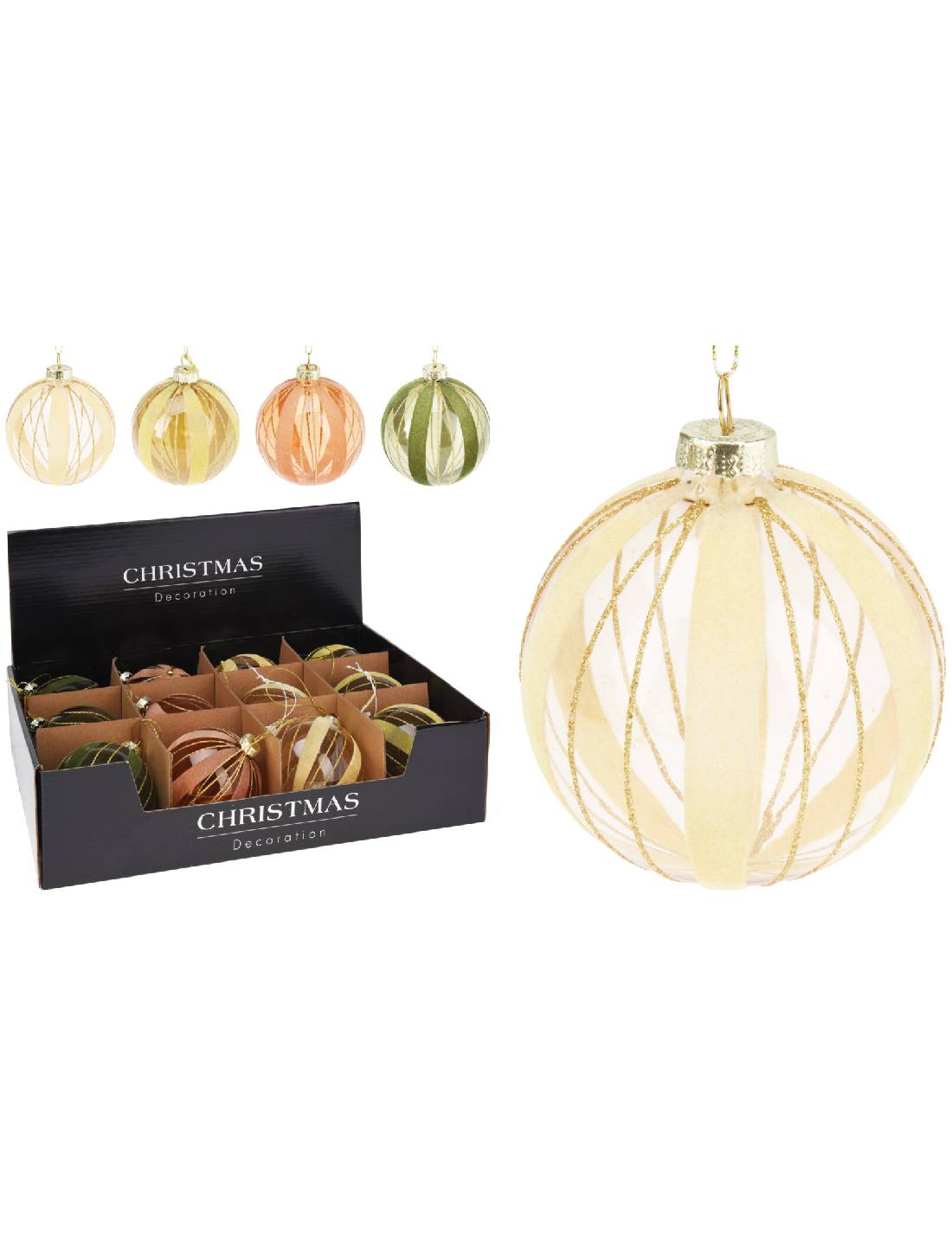 Pallina Di Natale In Vetro Trasparente Con Strisce Glitterate d8cm