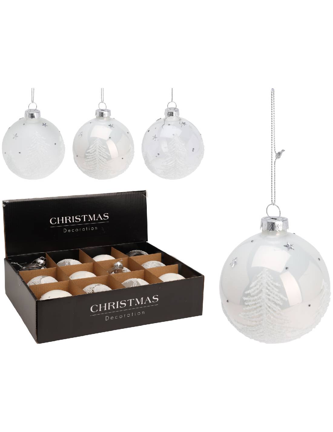 Pallina Albero Di Natale In Vetro Bianco Con Glitter d8cm