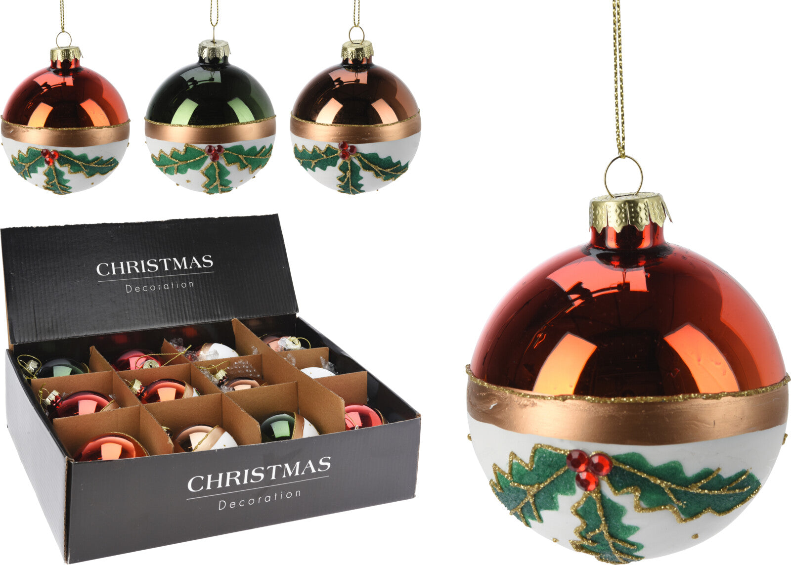 Pallina Albero Di Natale In Vetro Con Agrifoglio 8cm Prodotto Assortito