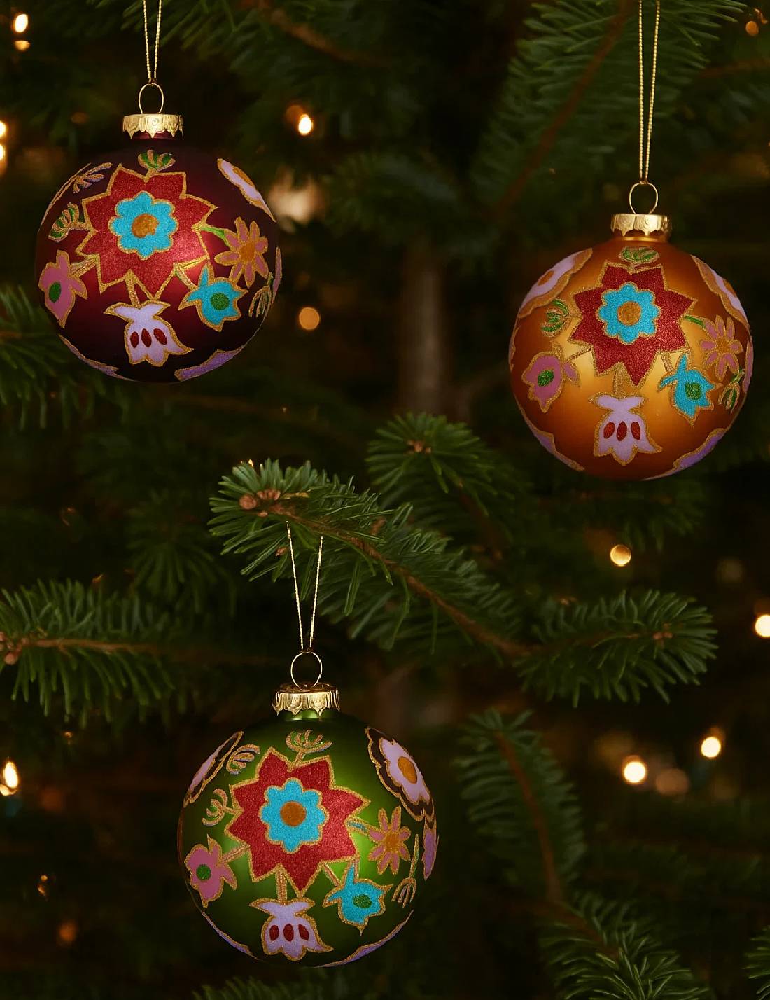 Pallina Albero Di Natale In Vetro Con Fiori Glitter d8cm