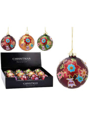 Pallina Albero Di Natale In Vetro Con Fiori Glitter d8cm
