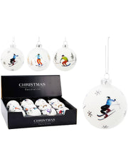 Pallina Albero Di Natale In Vetro Bianco Con Sciatori d8cm