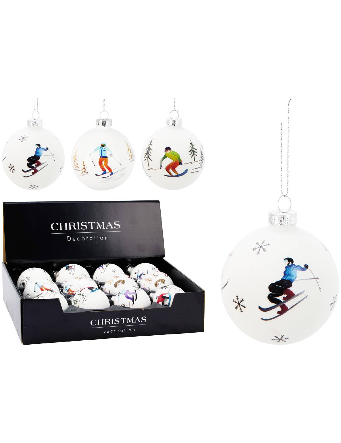 Pallina Albero Di Natale In Vetro Bianco Con Sciatori d8cm