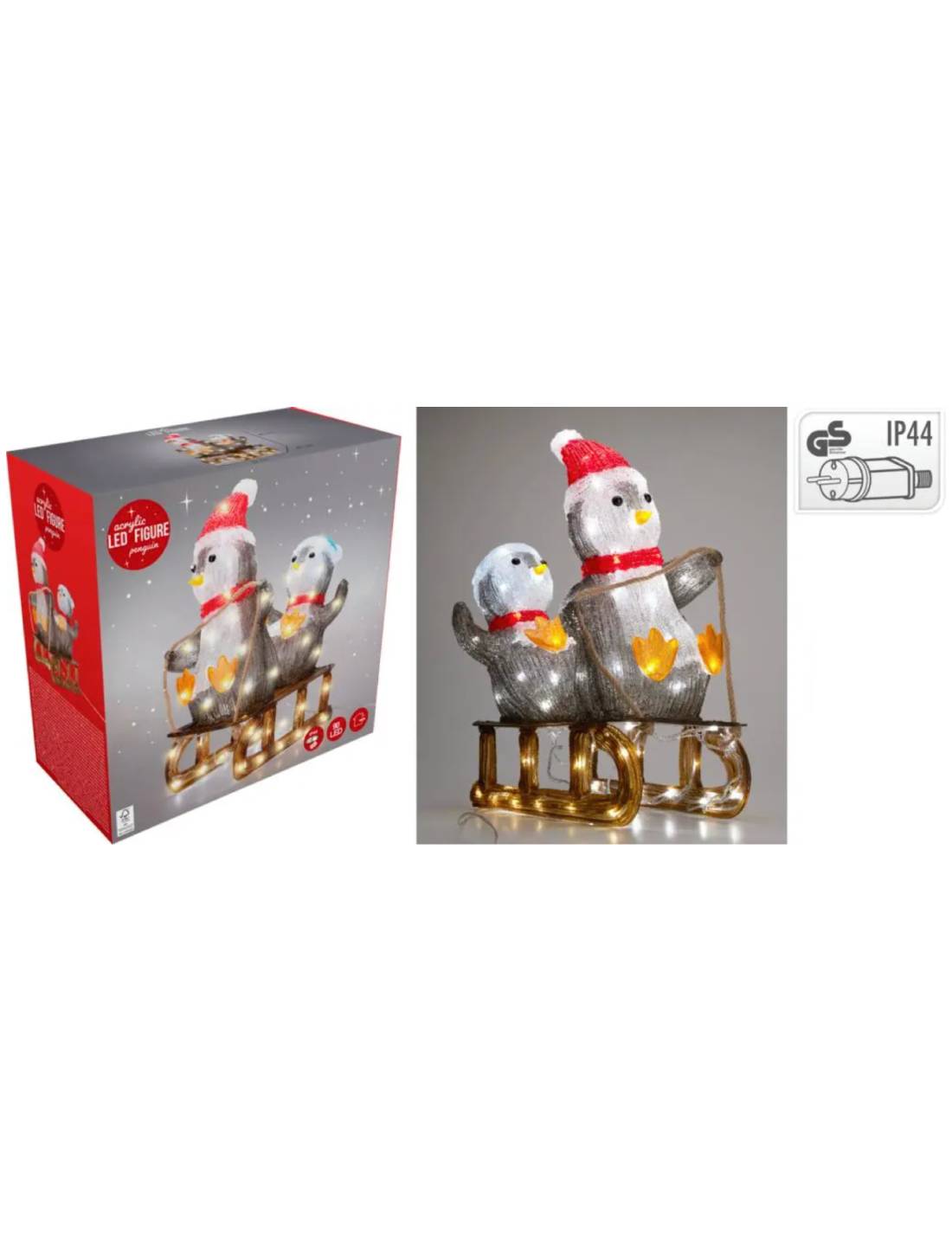 Addobbo Di Natale Luminoso Pinguini Con Slitta 90 LED 46cm