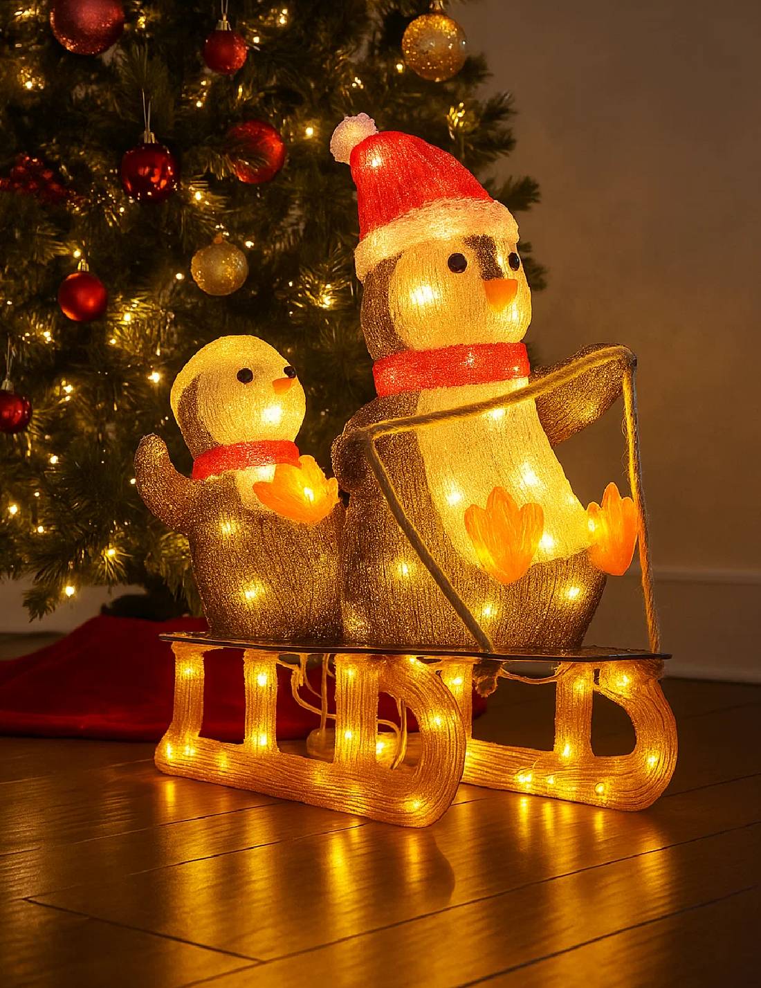 Addobbo Di Natale Luminoso Pinguini Con Slitta 90 LED 46cm