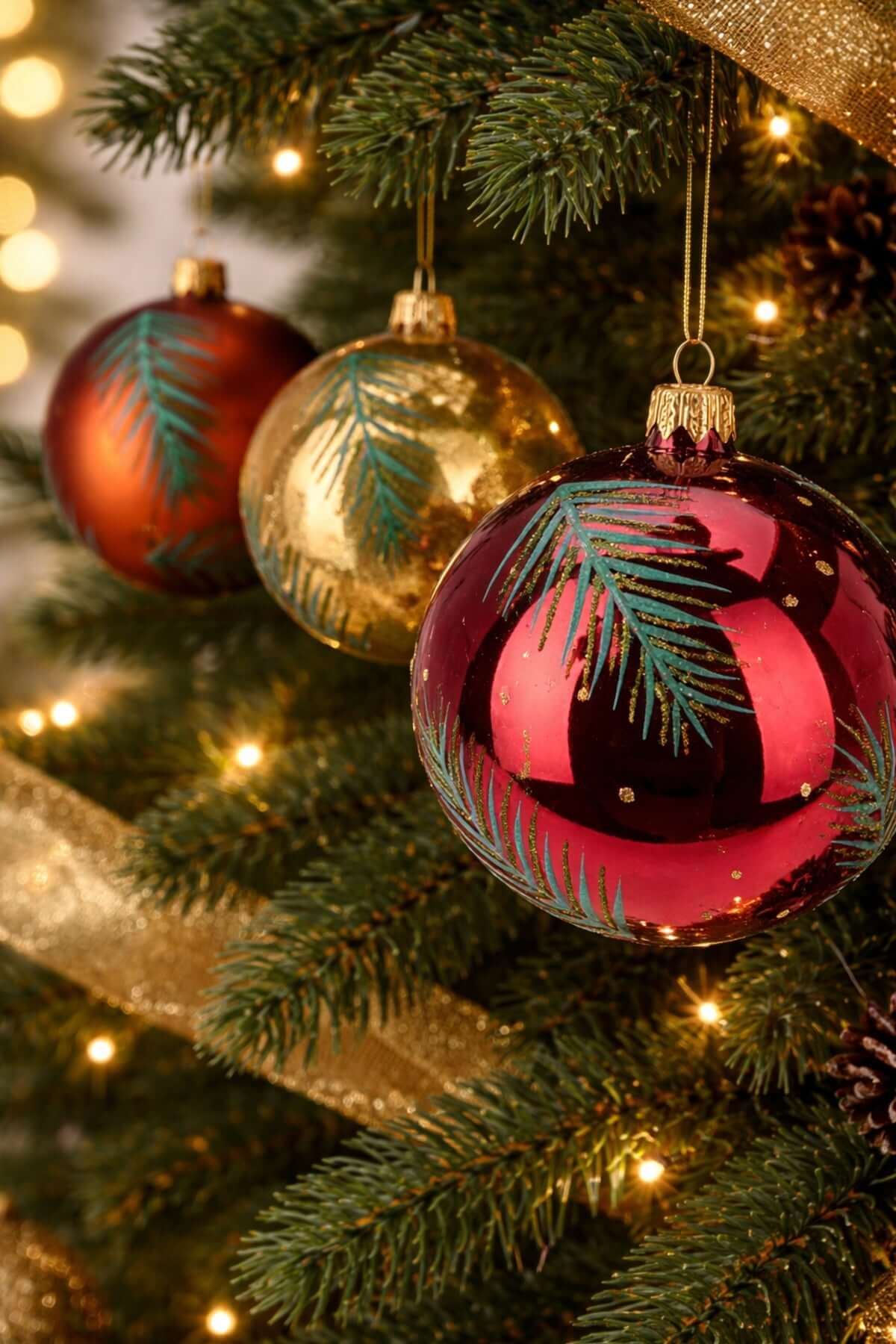 Pallina Albero Di Natale In Vetro Ramo Di Pino Glitter d8cm