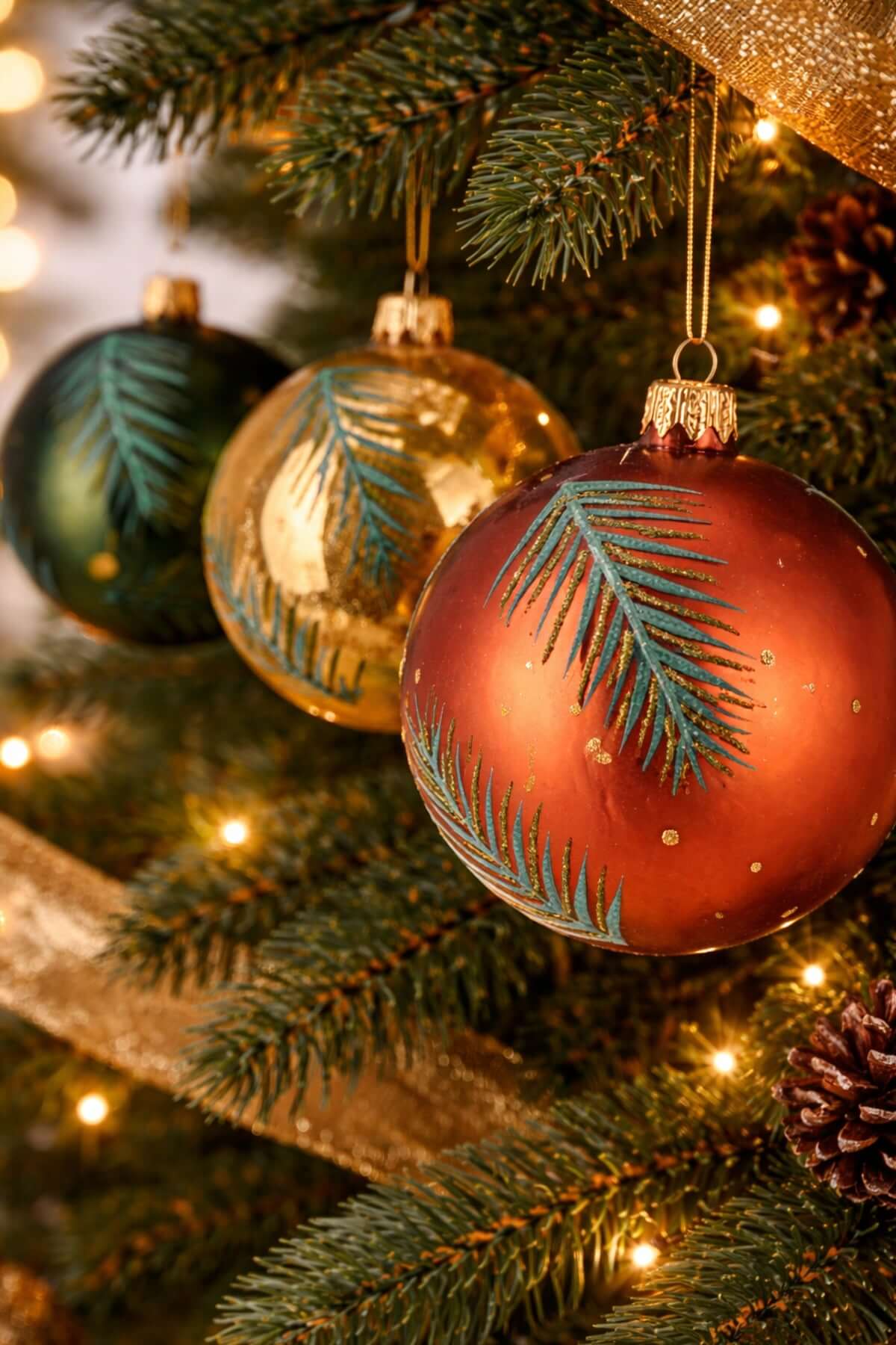 Pallina Albero Di Natale In Vetro Ramo Di Pino Glitter d8cm