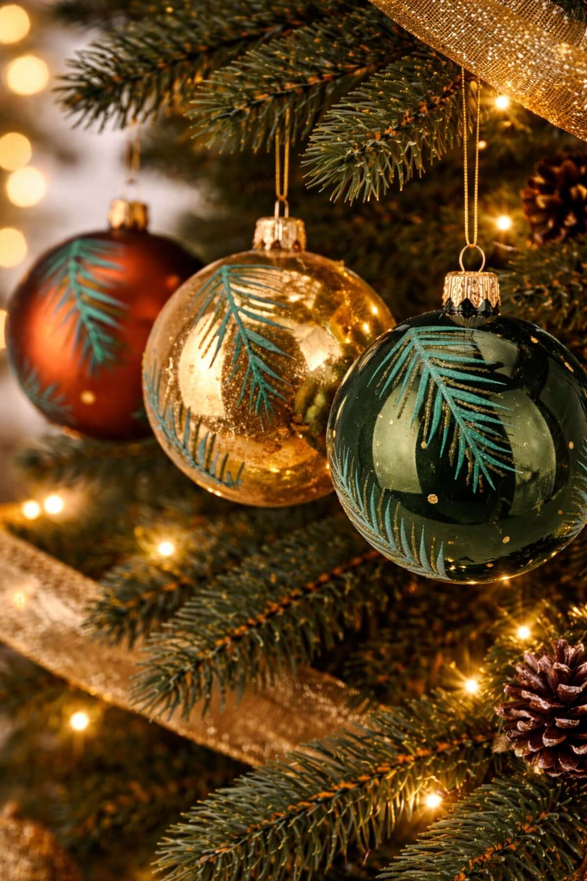 Pallina Albero Di Natale In Vetro Ramo Di Pino Glitter d8cm